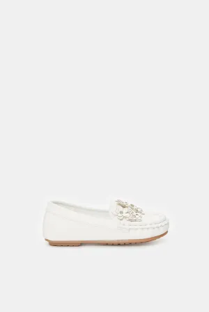 Girls White Butterfly Loafers