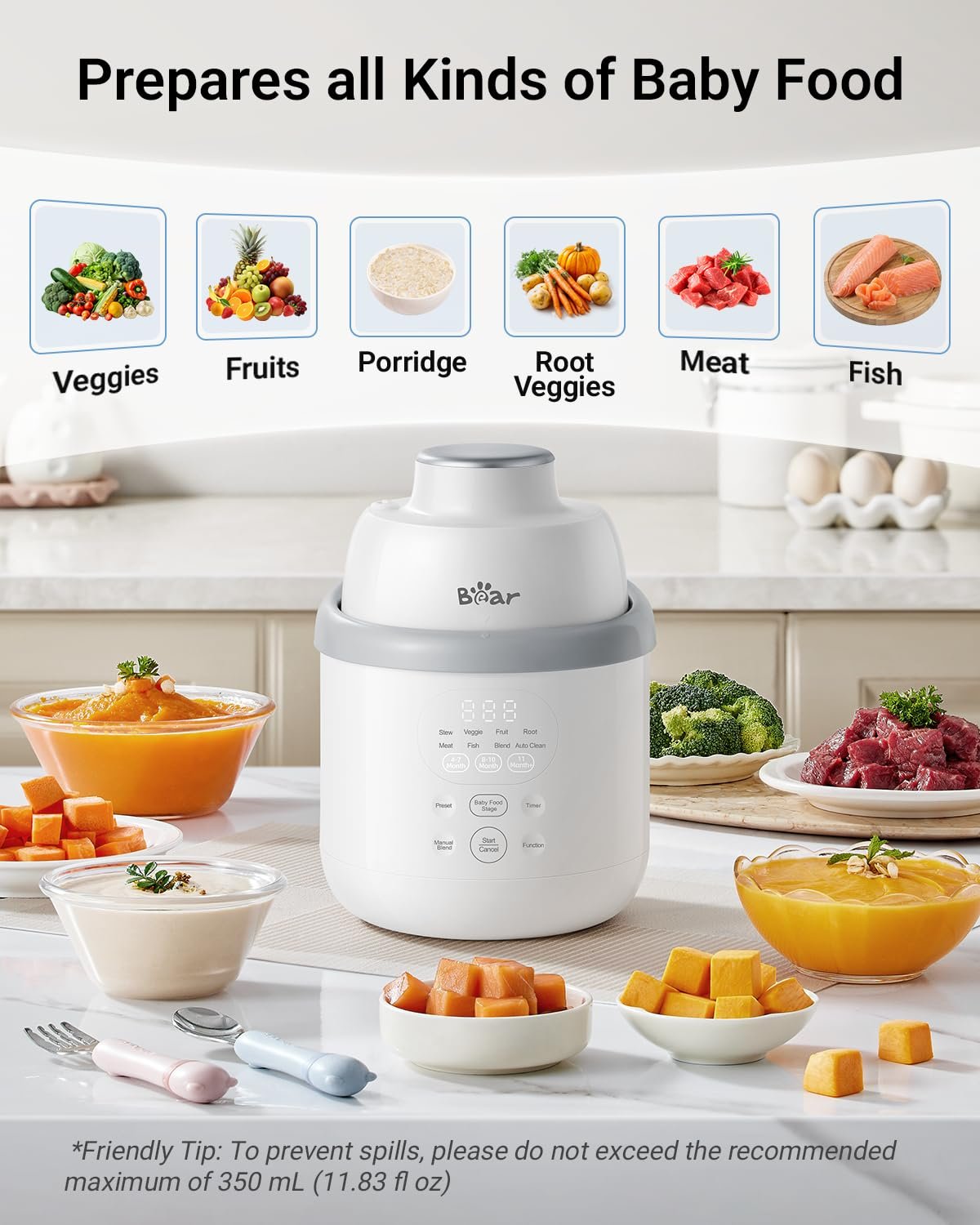 Bear NutriEase AllStage Stainless Steel Baby Food Maker Steamer and Blender, Truly OneStep Baby Food Processor Puree Maker Grinder Mills, Auto Cooking&Grinding for Healthy Homemade Baby Food, BPA-Free