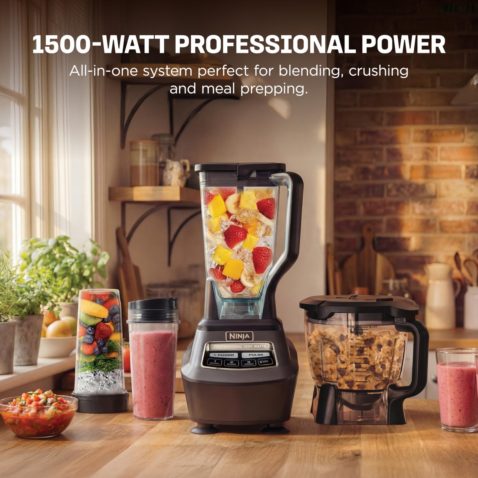 Ninja Kitchen System | All-in-One Food Processor & Blender for Smoothies | Includes Pitcher, (2) 16 oz. To-Go Cups & 8-Cup Bowl | Makes Salsa, Dough, Shakes, & Frozen Drinks | 1500W | Black | BL770